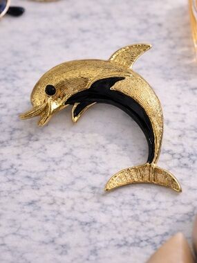 Vintage Gold Tone Dolphin Brooch Black Enamel Statement Pin Nautical Pin